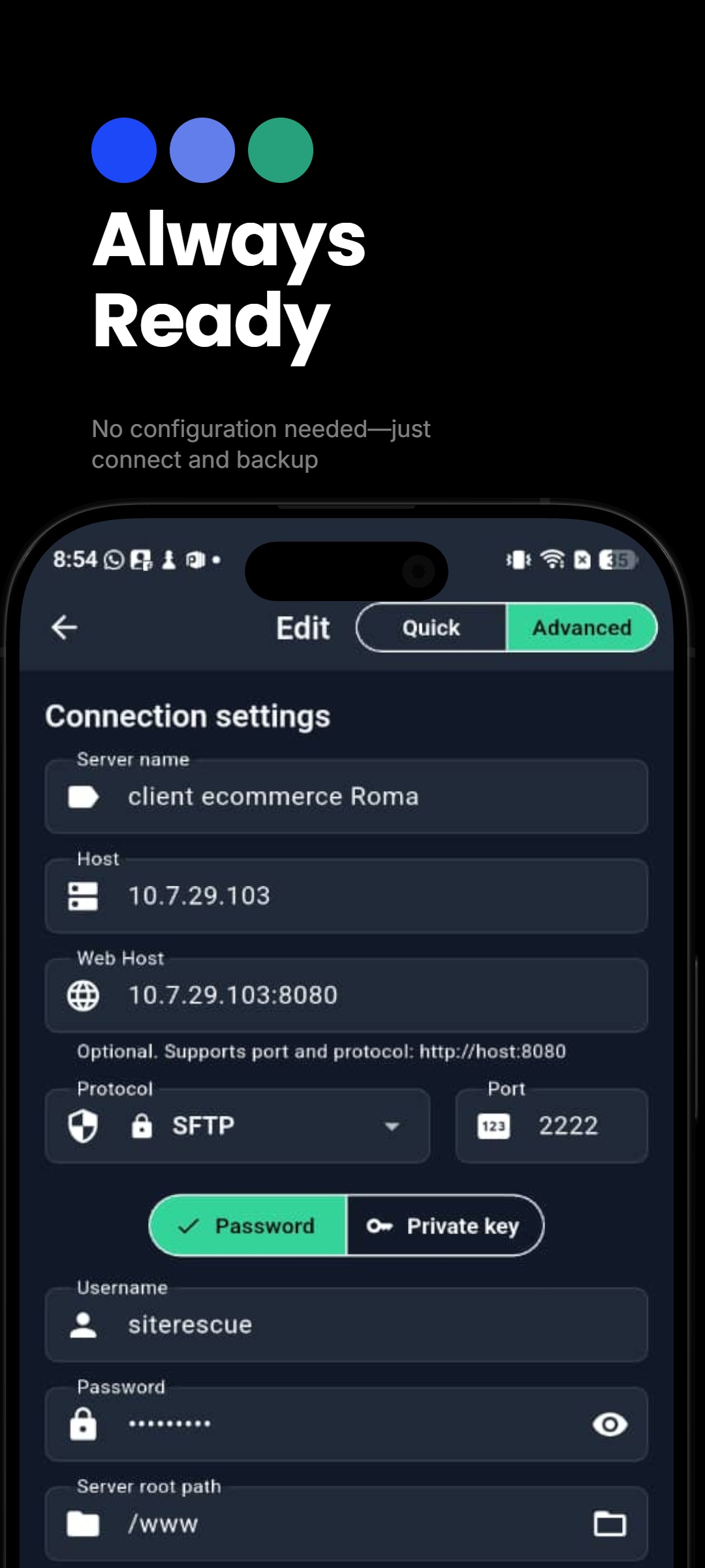 SiteRescue — advanced server settings