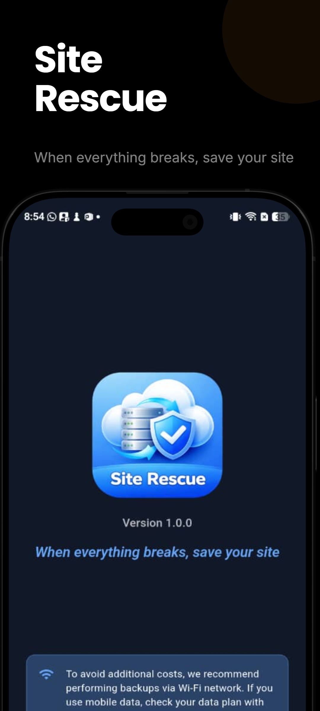 SiteRescue — welcome screen
